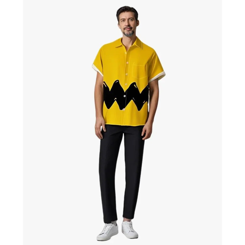 ❤️Men Yellow Print Short Sleeve  Hawaiian Fit Casual Button Down Beach Shirt - Picture 2 of 7